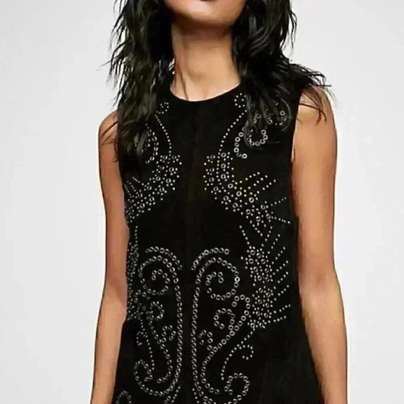 Free People Wynonna Studded Suede Embellished Black Mini Dress Leather S - Picture 2 of 13
